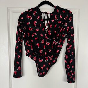 Black Bodysuit with Red Leaf Print